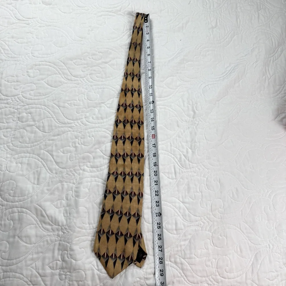 Bill Blass Black Label Geometric‎ Patterned Gold Tan Silk Tie EUC